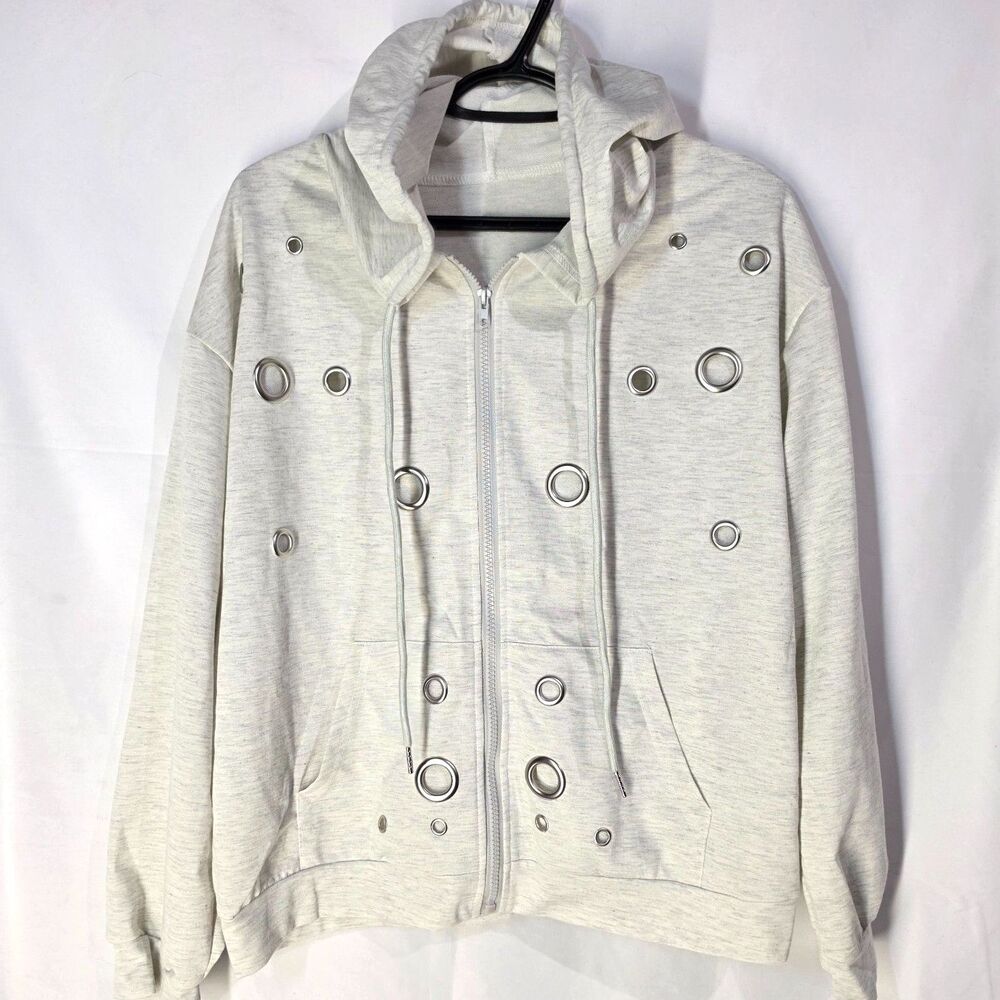 Y2K Metal Grommet Eyelet Zip Up Hoodie Oatmeal Heather Gray Grunge Sweatshirt L